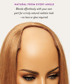 Blonde wig on a mannequin head with text about blending naturally.