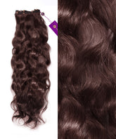 On the left are Perfect Locks Wavy Beaded Weft Rows in chocolate brown; a right close-up shows shiny, soft waves and luster.#color_chocolate-brown-(3)