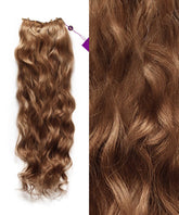 On the left are Perfect Locks Wavy Beaded Weft Rows in golden brown, with a close-up on the right showing their silky texture and rich color.#color_golden-brown-(6)