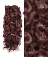 On the left is a bundle of Perfect Locks Wavy Colored Hair Machine Weft in chocolate brown; right, a close-up of its shiny, wavy texture.#color_chocolate-brown-(3)