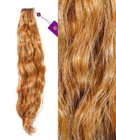 Perfect Locks Wavy Hand-Tied Weft Rows (2oz) in Platinum Blonde  shown left as a long bundle, right in close-up detail.#color_golden-brown-(6)