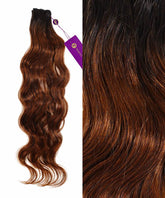 On the left is a bundle of Perfect Locks Wavy Hand-Tied Weft Rows; at right, a close-up reveals the smooth, shiny color gradient.#color_rooted-chocolate-mocha-(1B/4)