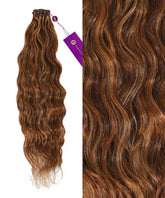 Perfect Locks Wavy Hand-Tied Weft Rows (2oz) in toffee blonde highlights. Left: full extension length; right: close-up of wavy texture.#color_toffee-blonde-highlights-(4-27)