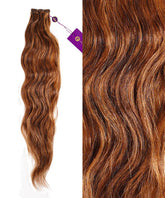 On the left, Perfect Locks Wavy Hand-Tied Weft Rows (2oz) with warm mocha lowlights, beside a close-up of rich waves and vibrant color.#color_warm-mocha-lowlights-(2/4/6)