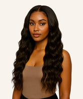 Woman with long, wavy hair wearing a beige top on a plain background