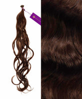 A bundle of Perfect Locks Wavy Fusion I-Tip Hair in Chocolate Brown with a purple tag on the left; close-up texture on right.#color_chocolate-brown-(3)