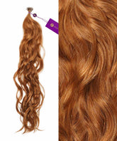 Perfect Locks Wavy Fusion I-Tip Hair in Golden Brown is on the left, with shiny, wavy extensions and a close-up texture right. A purple tag is at the top.#color_golden-brown-(6)