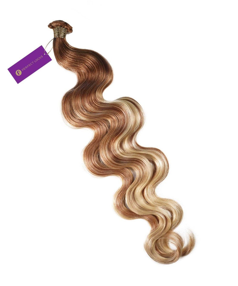 A bundle of Perfect Locks Wavy Hybrid Weft Hair Extensions in Ashy Honey Blonde Balayage, with a purple tag near the top.