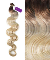 Perfect Locks Wavy Hybrid Weft Hair Extensions in Chestnut Brown Balayage shown: left shows full bundle, right shows wave texture and color blend.#color_rooted-cocoa-ash-blonde-(18A/60)