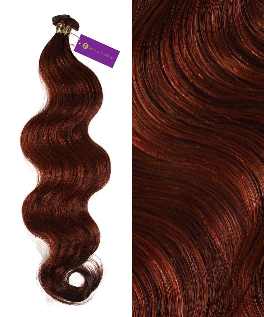 On the left, Wavy Hybrid Weft Hair Extensions in Dark Auburn  by Perfect Locks are bundled with a purple tag; a close-up on the right highlights their texture and shine.#color_dark-auburn-(33)