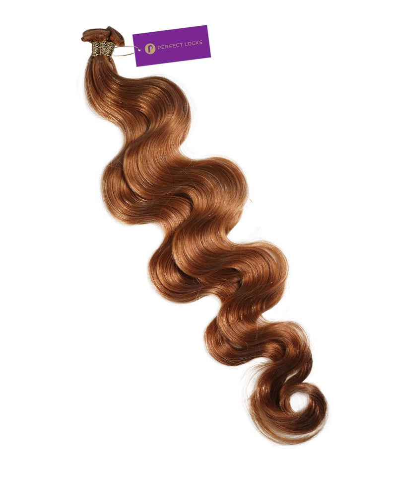 A bundle of long, wavy, platinum blonde  Wavy Hybrid Weft Hair Extensions by Perfect Locks with a purple tag.