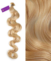 A bundle of Perfect Locks Wavy Hybrid Weft Hair Extensions in Platinum Blonde on the left, with a close-up of the shiny texture on the right. A purple Perfect Locks tag is attached to the bundle.#color_platinum-blonde-(613)