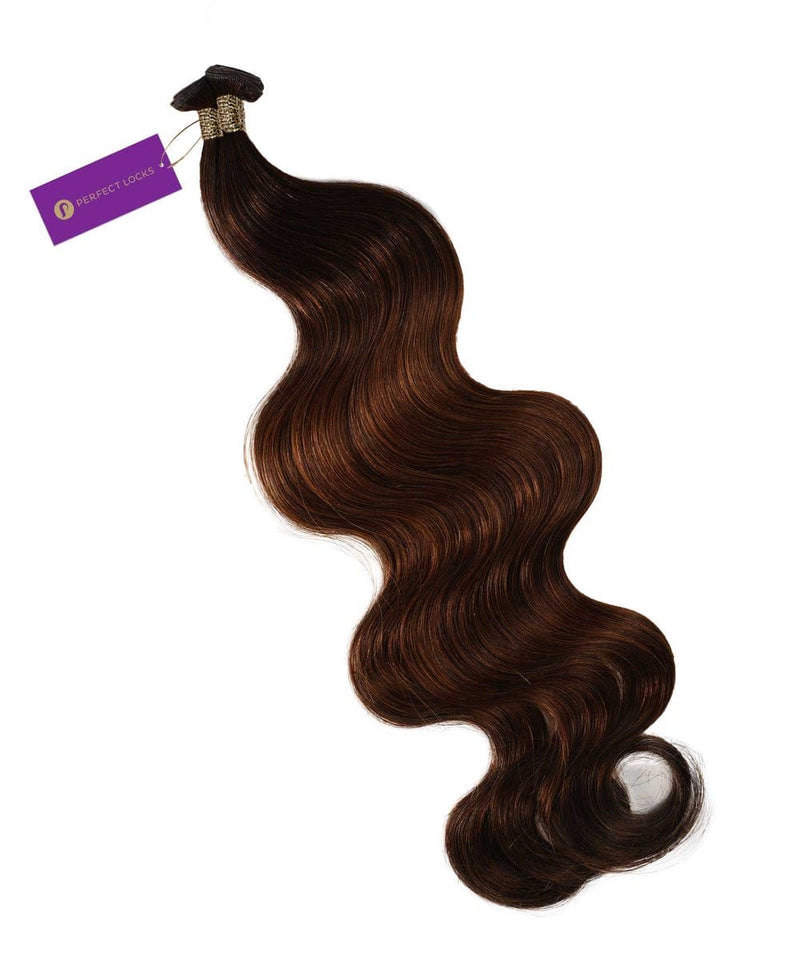 Perfect Locks Wavy Hybrid Weft Hair Extensions in Natural Black  with shiny, wavy Remy hair and gold band, purple tag.