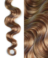 Close-up views of Perfect Locks Wavy Invisi Tape In Hair Extensions in rooted ash bronde; spiraled lock left, smooth Remy right.#color_rooted-ash-bronde-(6/ICED)