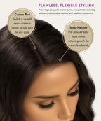 Woman with styled hair featuring customizable parting options and invisible hairline.