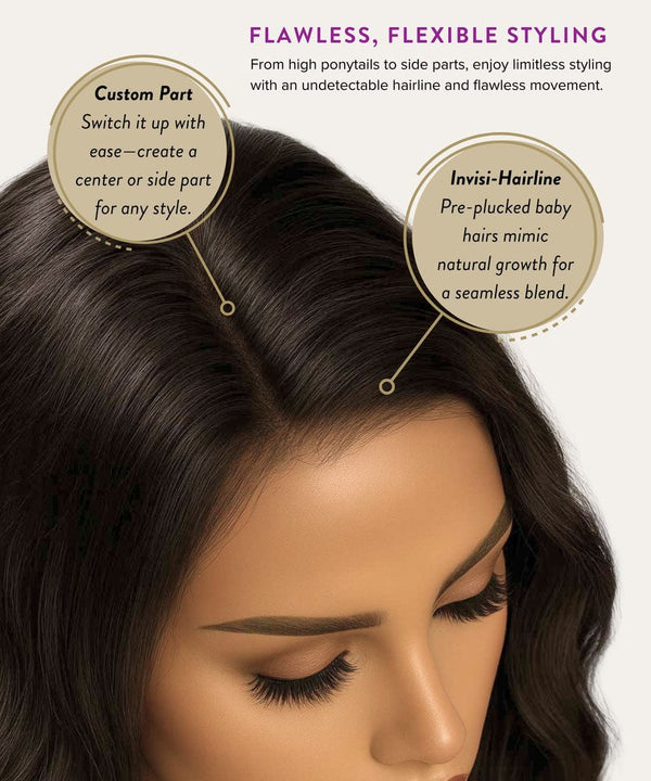 Woman with styled hair featuring customizable parting options and invisible hairline.