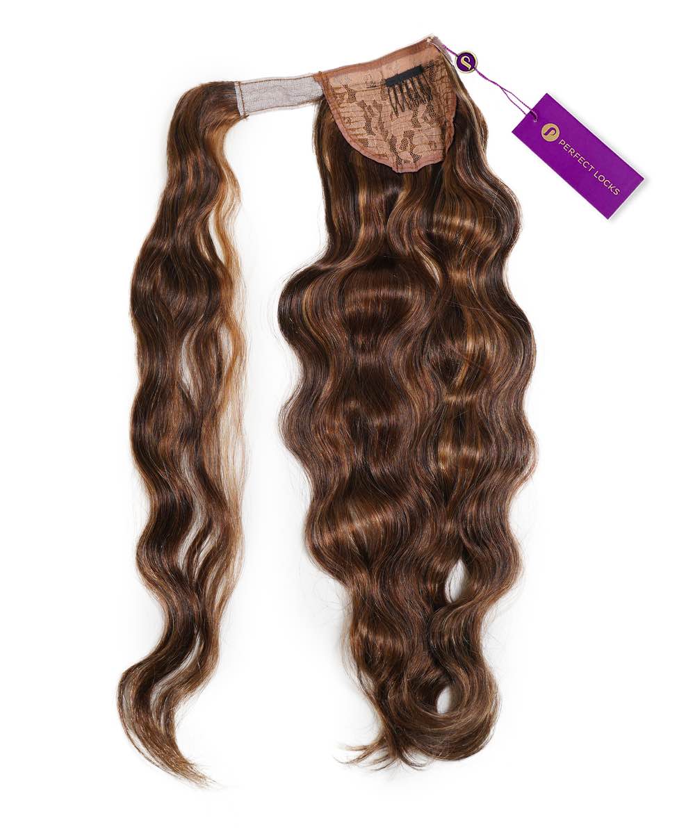 Wavy Clip-In Ponytail Extensions Ponytail Wavy Warm Mocha#color_warm-mocha-lowlights-(2/4/6)