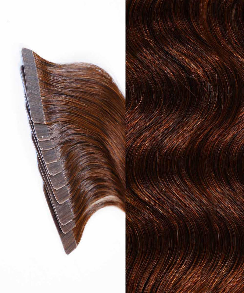 A dark brown body wave hair extension piece shown on the left against a white background, with a close-up texture view of the same hair on the right.