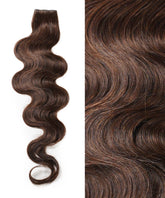 Close-up of a Perfect Locks Wavy Seamless Tape In Weft in Chocolate Brown on the left, with a detailed view of its shiny, smooth texture and defined waves on the right.#color_chocolate-brown-(3)