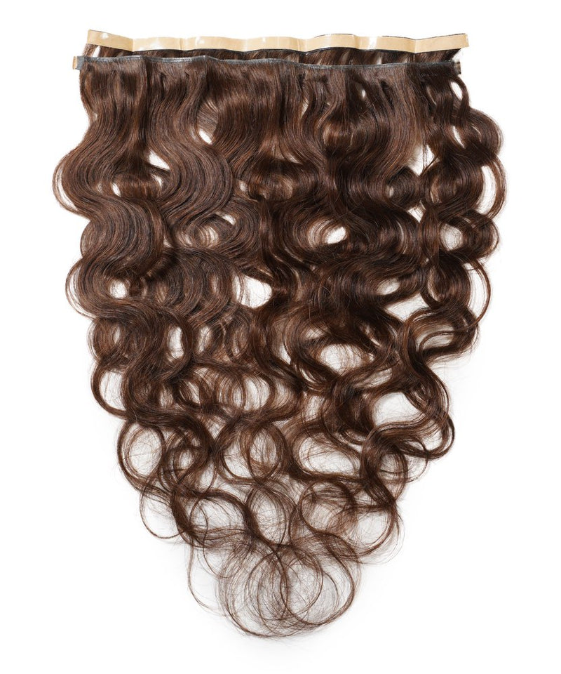 A set of Perfect Locks Wavy Seamless Tape In Weft hair extensions in Chocolate Brown , wavy texture, laid flat on white background.