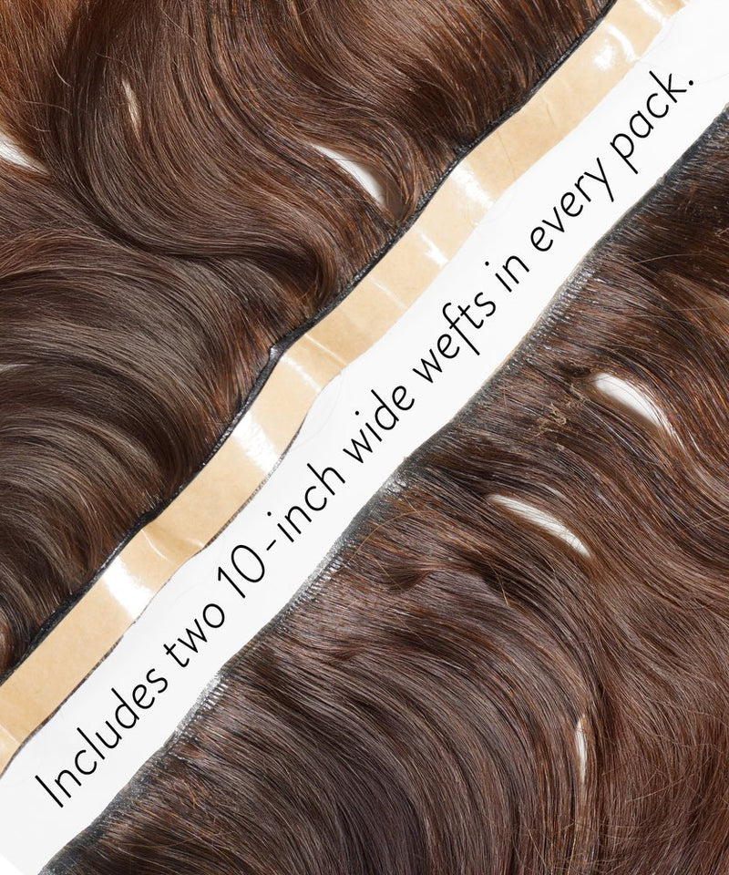 Two 10-inch wide wefts of Perfect Locks Wavy Seamless Tape In Weft in Golden Brown  side by side, text reads: “Includes two 10-inch wide wefts in every pack.”.