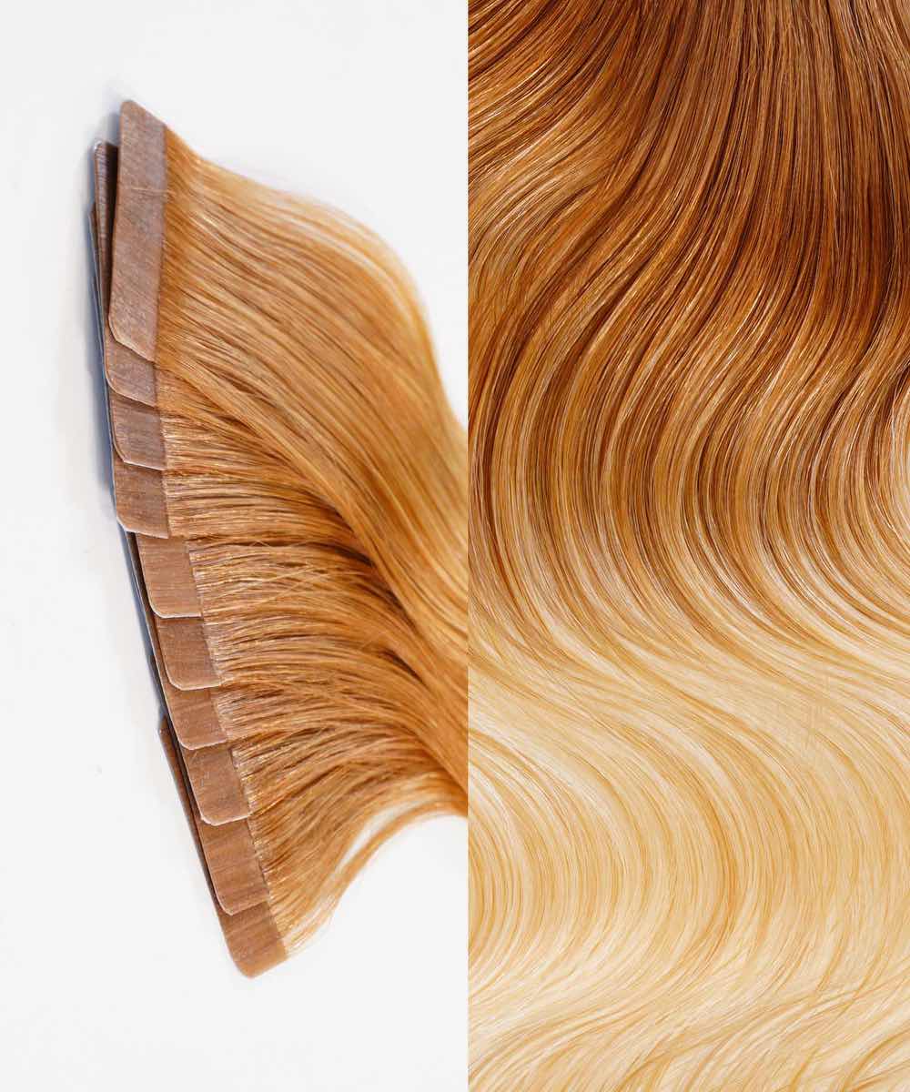 Close-up of Perfect Locks Wavy Classic Tape-In Hair Extensions in rooted cocoa ash blonde; adhesive tape tabs on the left, smooth, flowing hair strands on the right.#color_rooted-cocoa-ash-blonde-(18/60)