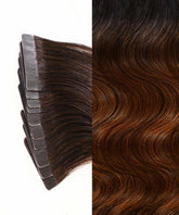 Close-up of Perfect Locks Wavy Classic Tape-In Hair Extensions in Caramel Blonde Highlights, adhesive tabs left, shiny waves right.#color_rooted-chocolate-mocha-(1B/4)