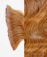 Close-up of Perfect Locks Wavy Classic Tape-In Hair Extensions in Chocolate Brown; adhesive tape tabs left, shiny wavy strands right.#color_golden-brown-(6)