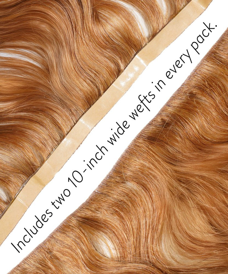 Close-up of two Honey Blonde  Perfect Locks Wavy Seamless Tape In Wefts, each pack includes two 10-inch wide extensions.