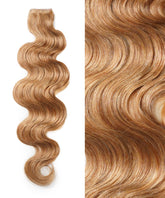 Perfect Locks Wavy Seamless Tape In Weft in Honey Blonde  on the left; right close-up shows its silky, shiny, wavy texture.#color_honey-blonde-(27)