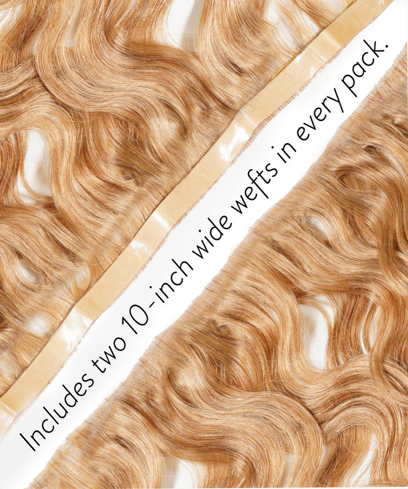 Perfect Locks Wavy Seamless Tape In Weft in Platinum Blonde  shown flat, features two 10-inch wide wefts per pack.