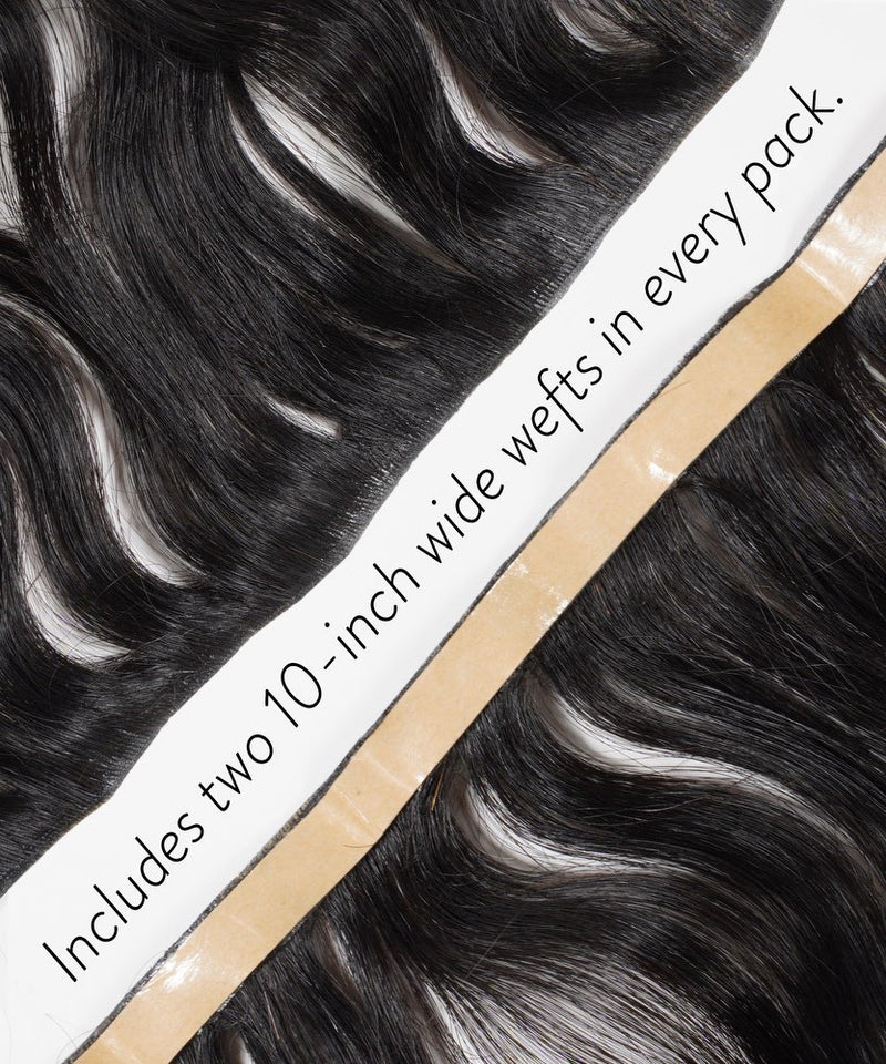 Close-up of Perfect Locks Wavy Seamless Tape In Weft in Chocolate Brown , featuring black wavy human hair with a tape strip. Text reads: Includes two 10-inch wide wefts in every pack.