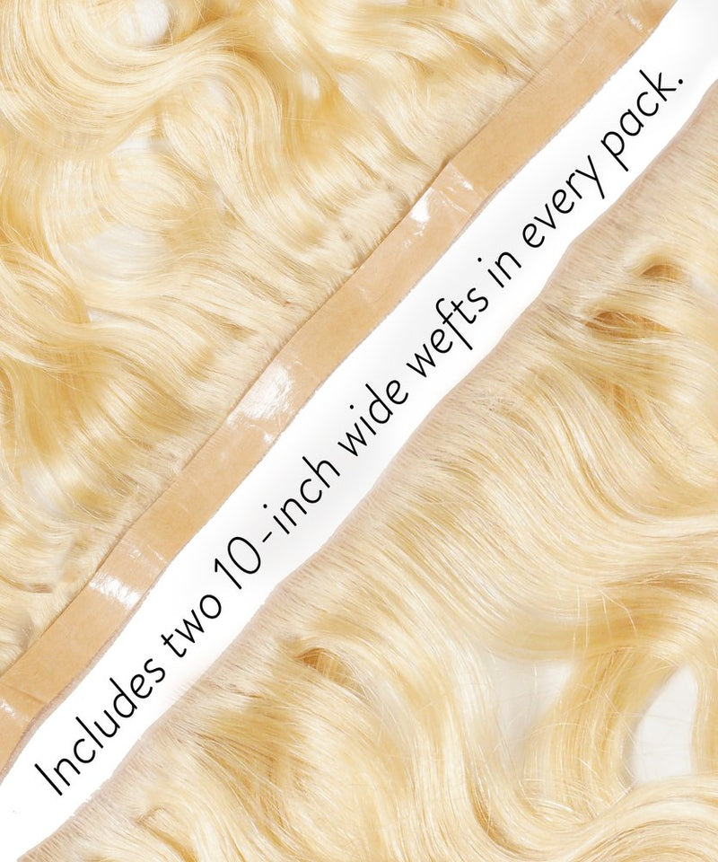 Perfect Locks Wavy Seamless Tape In Weft in platinum blonde, two 10-inch wefts per pack, smooth and natural with a discreet seam.