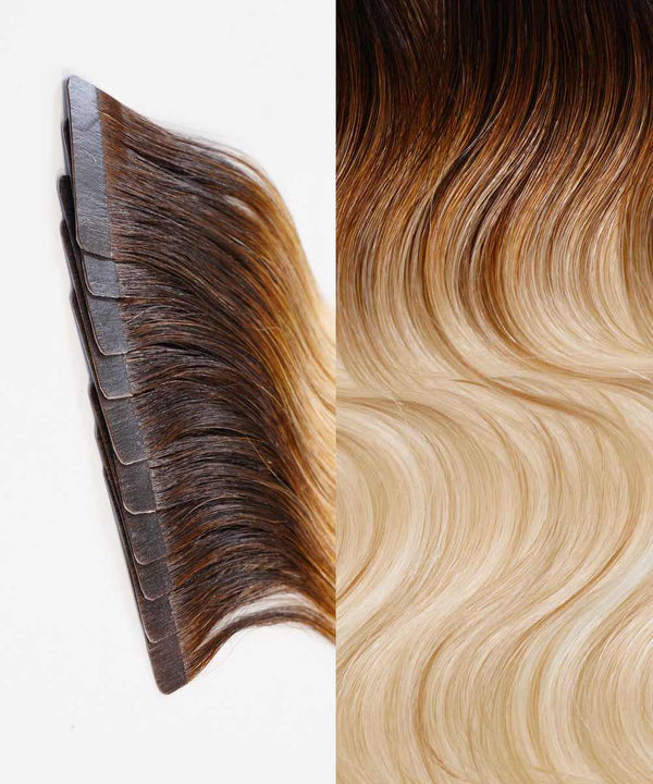 rooted white chocolate (2/60) wavy tape in hair extensions by Perfect Locks