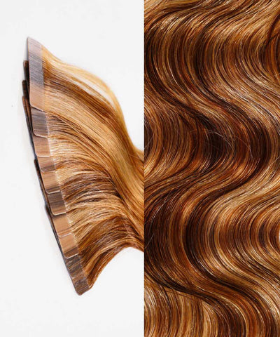 toffee blonde highlights (4/27) wavy tape in hair extensions by Perfect Locks#color_toffee-blonde-highlights-(4/27)