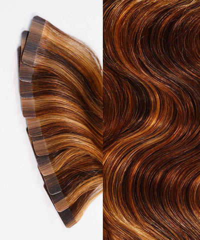 warm mocha lowlights (2/4/6) wavy tape in hair extensions by Perfect Locks#color_warm-mocha-lowlights-(2/4/6)