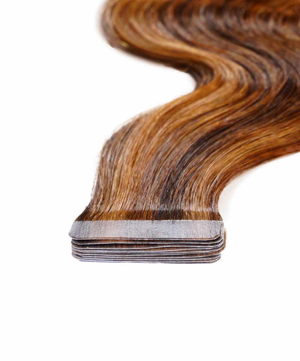 warm mocha lowlights (2/4/6) wavy tape in hair extensions by Perfect Locks