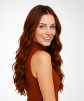 A young woman with long, wavy Perfect Locks Wavy U-Part Wig in Dark Auburn smiles over her shoulder, in a rust top.#color_dark-auburn-(33)