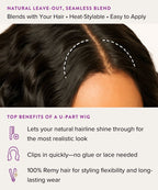 A close-up shows a Honey Blonde  Wavy U-Part Wig by Perfect Locks blending seamlessly with natural hair, easy clip-in design.