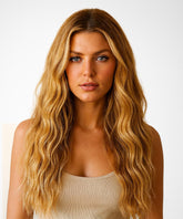 A woman with long, wavy Honey Blonde hair wears the Perfect Locks Wavy U-Part Wig in Color 3 and a beige tank top, posing against a plain white background.#color_honey-blonde-(27)