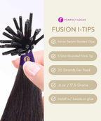A hand holds dark hair extensions with black stick tips, Italian Keratin Bonded Glue, 25 strands/pack, easy install options.