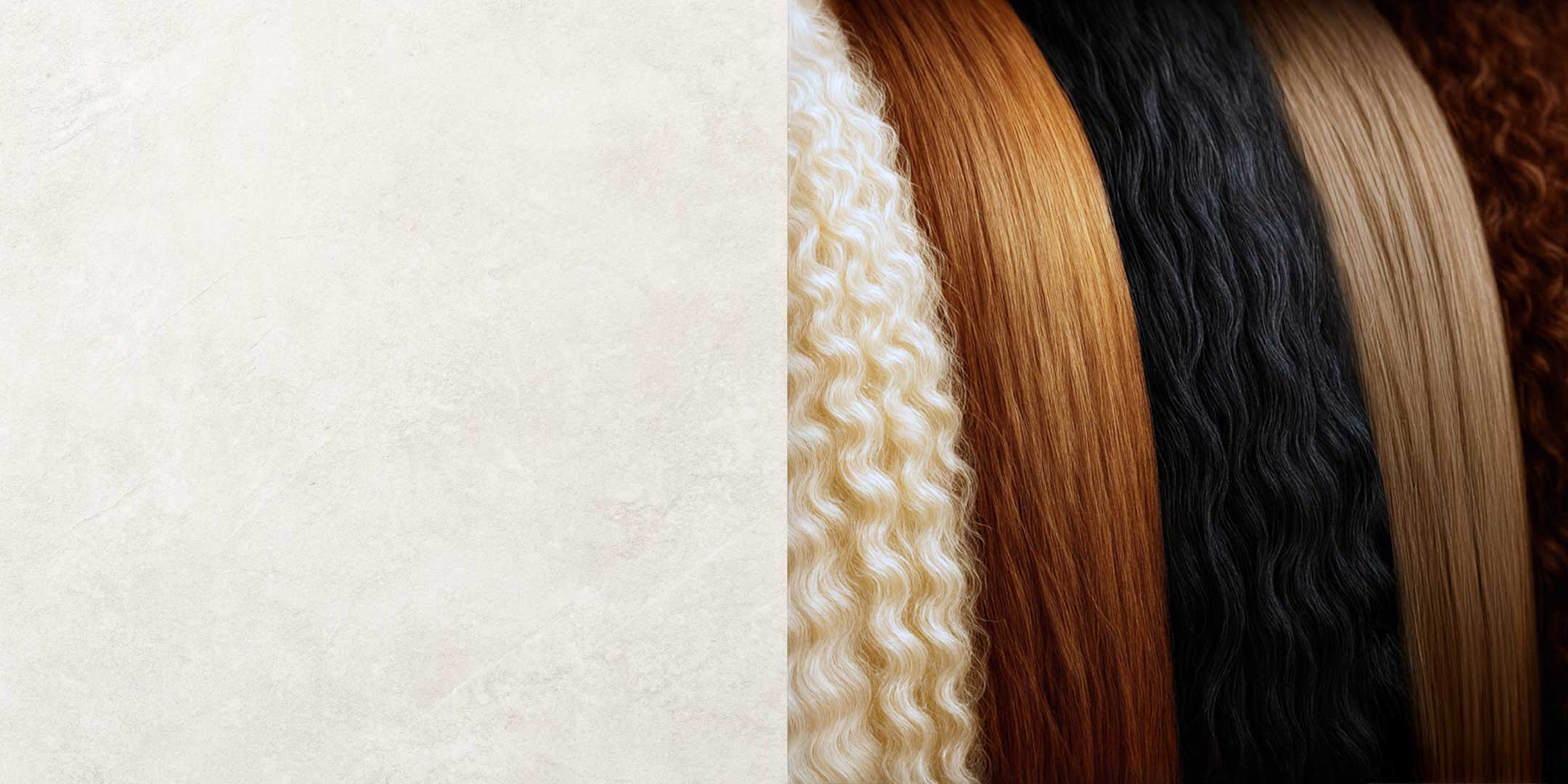 Close-up of braided hair in various colors on a textured white background