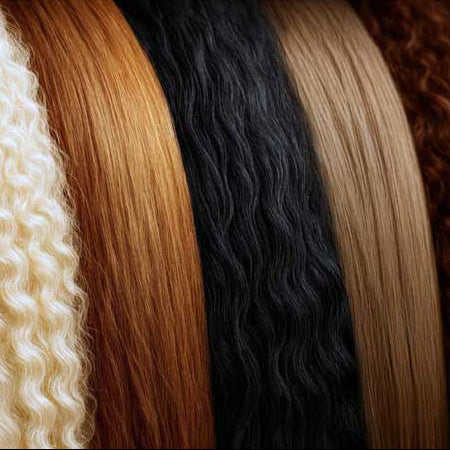 Close-up of different hair color samples on a textured beige background
