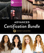 A promotional graphic for the Advanced Certification Bundle by Perfect Locks Pro shows four hair extension types above four women.