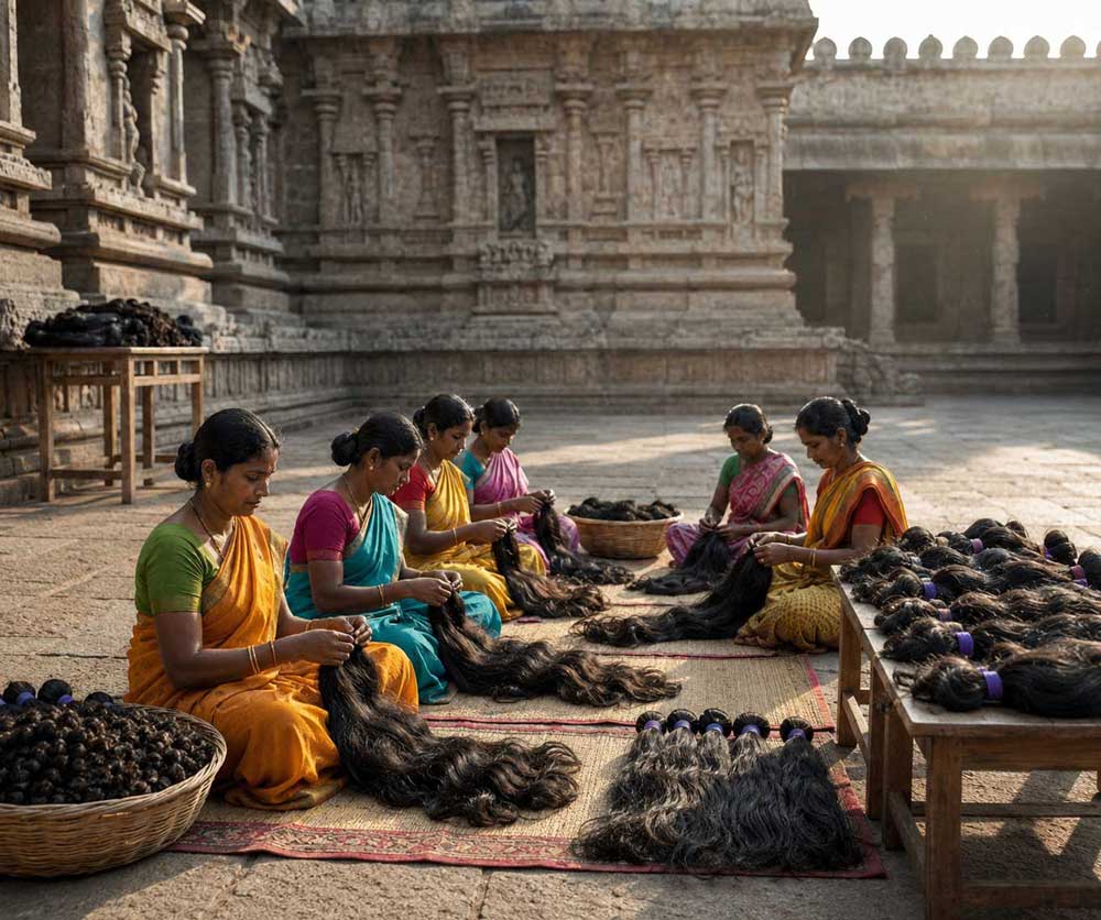 Women in colorful sarees sit on the stone floor of an ancient Indian temple, sorting and arranging bundles of long black human hair extensions spread out on mats in a sunny courtyard.