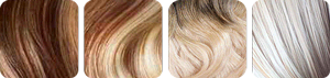 Four hair color swatches side by side, transitioning from dark brown to light blonde, each with wavy balayage-highlighted texture.