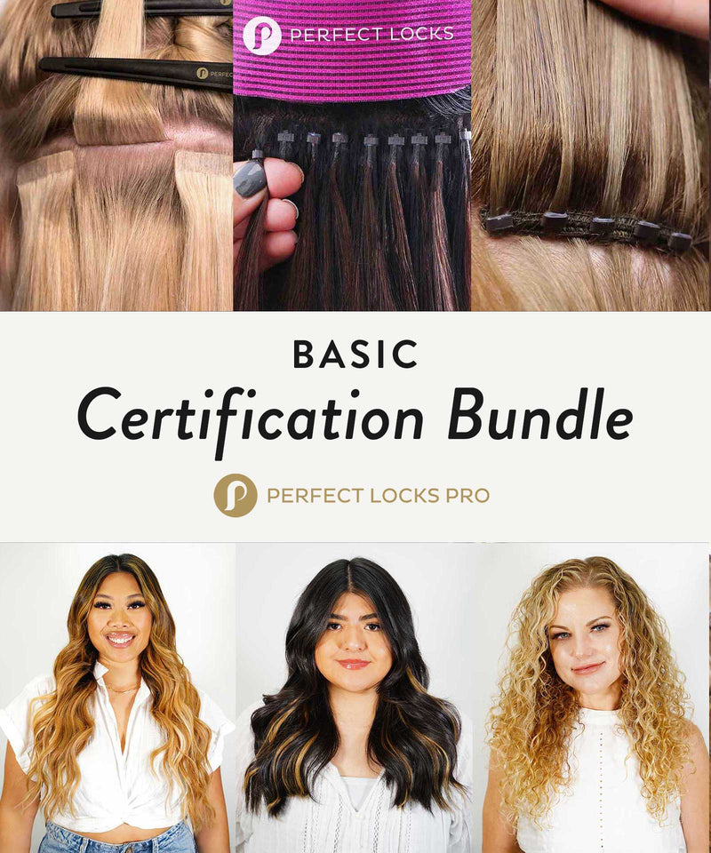 A collage displays three hair extension installation methods above, with three women showcasing long, styled hair below. Center text reads, “Basic Certification Bundle – Perfect Locks Pro.”.