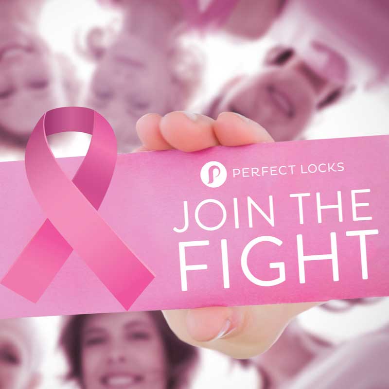 A hand holds a pink card with a ribbon and the words "Perfect Locks Join the Fight." Blurred, smiling people support breast cancer awareness in the background.