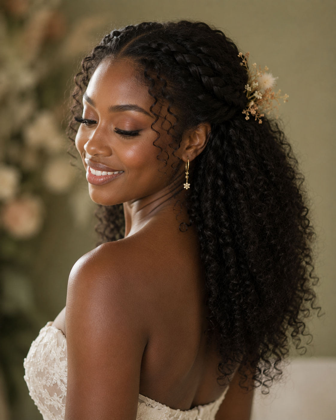 Bride with a curly braided half-up bridal style