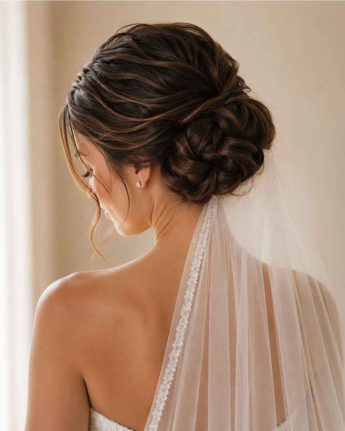 Bride with a classic chignon updo and veil, shown from behind